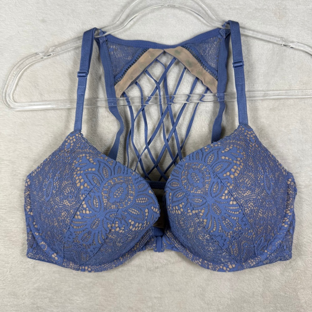 Victoria's Secret Very Sexy Blue Lace Strappy Racerback Front Close Bra 36D
